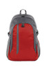 A red and grey backpack featuring multiple compartments and a side pocket. It has a logo on the front.