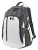A grey and white backpack with multiple compartments and adjustable straps, featuring a logo on the front.
