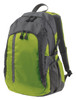 A green and grey backpack with multiple compartments and padded straps. It has a logo on the side.