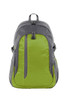 A grey and green backpack featuring a sleek design and a logo on the front.