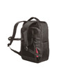 A black backpack with padded straps and a side pocket. It features a logo on the front.