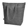 A grey tote bag with long handles and a top zip closure. It features a branding label.