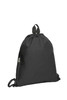 A black drawstring bag with a zippered pocket and a pull string closure, featuring a logo.