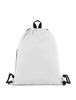 A white drawstring bag with black accents and a logo, featuring adjustable cords for closure.