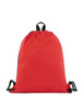 A red drawstring bag with black accents and a logo, featuring adjustable drawstrings for closure.