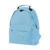 A blue kids backpack with a front pocket and black straps, featuring a handle on top and a simple design.