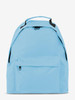 A light blue backpack with a front pocket and a handle on top. It features a simple design and black zippers.