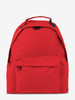 A red backpack featuring a front pocket and a top handle, with a black zipper and straps. It has a logo.