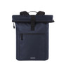 A navy blue Kurier Notebook Backpack featuring a roll-top design and a front zip pocket, with a logo on it.