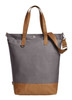 A grey tote bag with tan straps and a bottom panel, featuring a logo on the side.