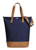 A navy blue tote bag with tan accents and handles, featuring a strap and a logo.
