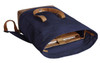 A navy and tan laptop backpack featuring a large main compartment and a logo on the front.