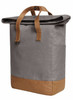 A grey backpack with a tan bottom and handles, featuring a side pocket and a logo.