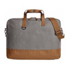A grey laptop bag with a tan bottom and handles, featuring a shoulder strap and a branding logo.