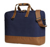 A navy blue laptop bag with brown accents, featuring sturdy handles and a detachable shoulder strap.