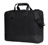 A black laptop bag with handles and an adjustable shoulder strap, featuring a smooth exterior and a logo.