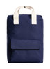 A navy blue backpack featuring dual handles and a front pocket. It has a logo on the front.