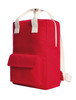 A red backpack with white straps and a front pocket, featuring a logo on the side.