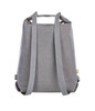 A grey multi-layer bag with two carry straps and a textured fabric. Features a branding logo.