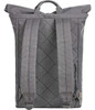 A grey quilted backpack featuring adjustable straps and a top handle, with a logo on the front.