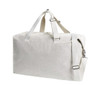 A grey duffle bag with a shoulder strap and handles, featuring a logo on the side.