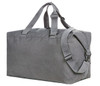 A grey duffle bag with dual handles and a detachable shoulder strap, featuring a simple design and a logo.