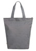 A grey tote bag with two handles and a simple design. The bag features a logo on the side.