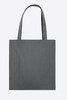 A grey tote bag with two handles and a simple design, featuring a logo.