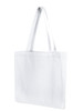 A white tote bag with two sturdy handles and a simple design. It features branding on one side.