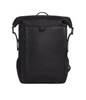 A black backpack with a sleek design, featuring adjustable straps and side pockets. It has a logo on the front.