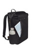 A black Mellow Backpack with a front pocket, featuring a drink bottle and a document inside. It has branding on the exterior.