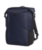 A navy blue backpack with a sleek design, featuring a front pocket and adjustable straps. It has a logo on the side.