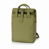 An olive green backpack with a roll-top closure and adjustable strap, featuring a side pocket and a logo.