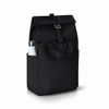 A black backpack with a large main compartment and a side pocket holding a drink bottle. It features a logo on the front.