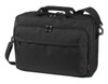 A black laptop bag with a detachable shoulder strap and multiple compartments, featuring a logo on the front.