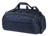 A navy blue duffle bag with multiple zippered compartments and short handles, featuring a shoulder strap.