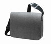 A grey satchel bag featuring a shoulder strap and a clasp, designed for carrying various items. It has a logo.