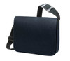 A navy blue courier bag with a flap and an adjustable strap, featuring a logo on the front.