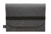 A grey felt laptop sleeve with a black strap and logo, designed for protection and style.