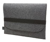 A grey felt laptop sleeve with a black elastic strap and a flap closure, featuring branding.