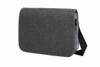 A grey shoulder bag with a flap and adjustable strap, featuring subtle stitching and a logo.