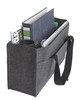 A grey organiser bag with a shoulder strap, containing a notebook, folder, drink bottle, and other items.