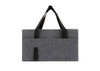 A grey felt organizer bag with black straps and a front pocket, featuring a logo.