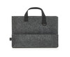 A grey felt bag with two handles and a front pocket, featuring a branding logo.