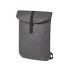 A grey felt backpack featuring a fold-over flap and a buckle closure, with adjustable straps at the back.