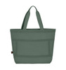 A large green tote bag with sturdy handles and textured details. It features a logo on the side.
