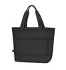 A black tote bag with sturdy straps and textured detailing, featuring a logo.