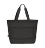 A black tote bag with sturdy handles and a patterned design, featuring a logo on one side.