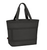A black tote bag with sturdy handles and a textured design, featuring a logo on the side.