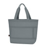 A grey tote bag with multiple ridged textures and long handles. It features a logo on one side.